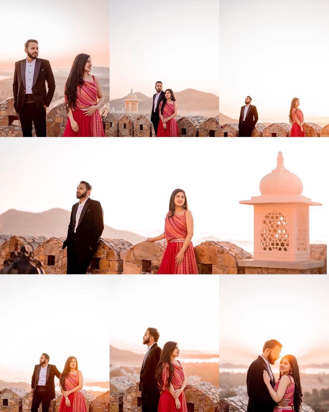 Seven frames from a sunrise shoot on a Rajasthan fort wall, laid out as one sheet