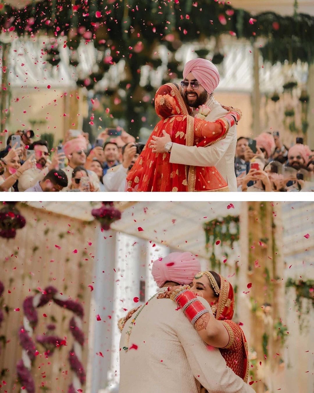 Two frames of the couple embracing under falling rose petals as the crowd cheers