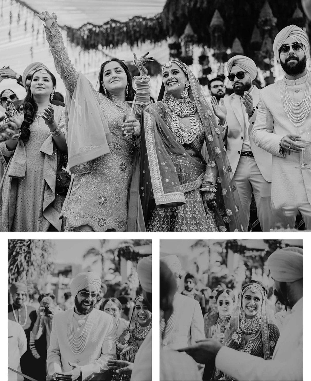 Three black and white frames of the family clapping and cheering, the bride raising her chooda