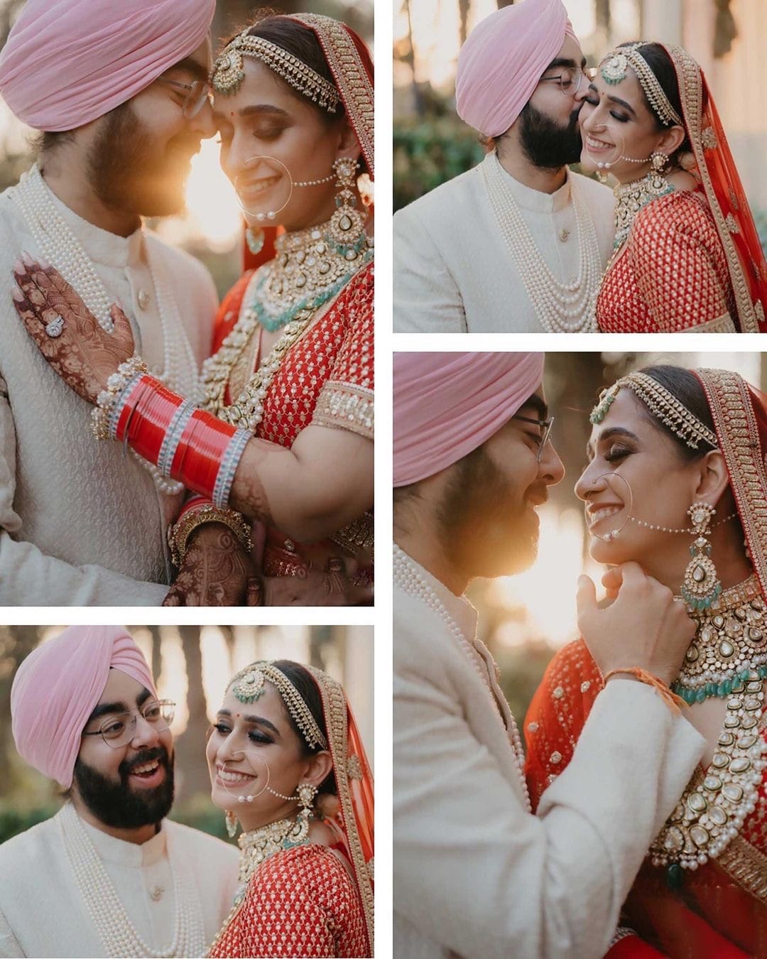 Four backlit frames of the couple at sunset, his pink turban and her chooda in every one
