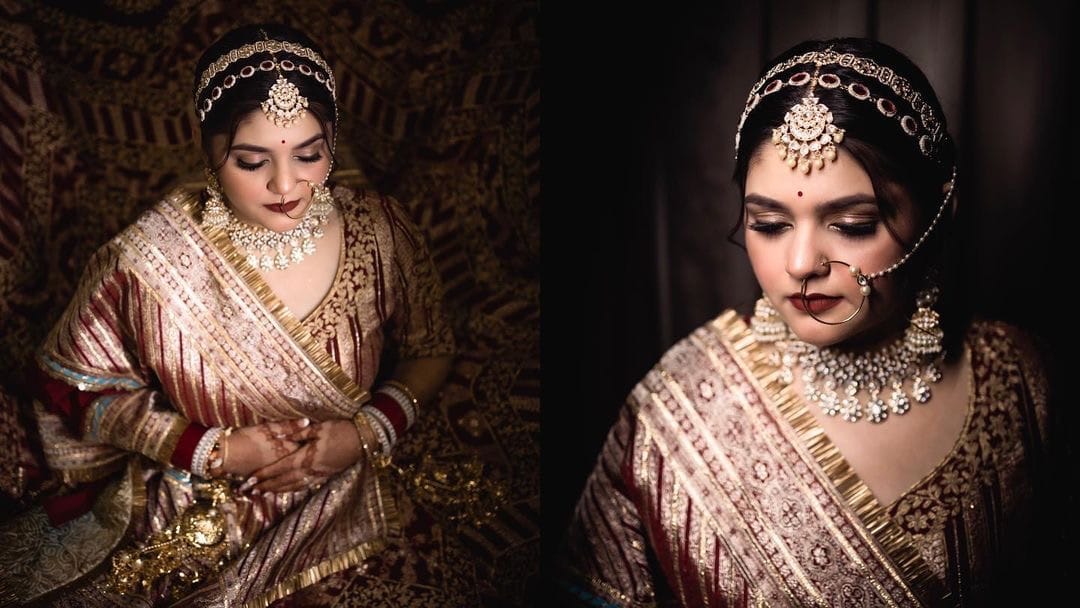 Two frames of the bride looking down at her hands, the gold border of her saree in the light