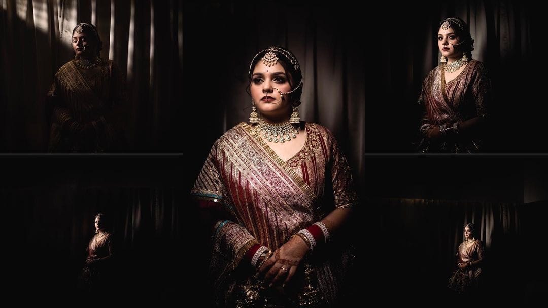 Five frames of the bride against a dark curtain in a maroon and gold saree